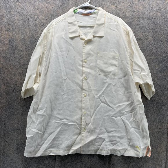 Tommy Bahamas Shirt Men 2XLB Hawaiian Yellow Pockets Button Up Outdoors Linen - Picture 1 of 12